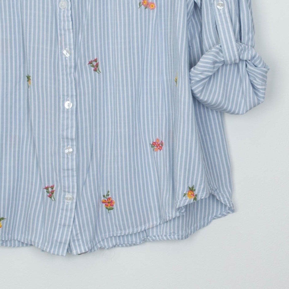 Jane +‎ Delancey Womens Striped Floral Embroidered Shirt Size 1X Blue Roll Tab - Picture 3 of 8
